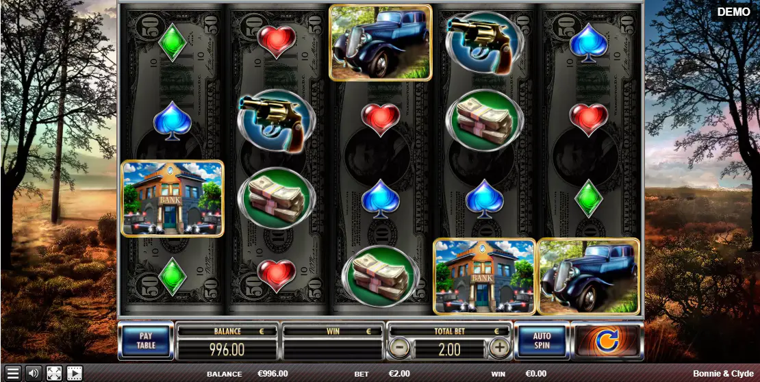 The main 5x4 game grid of the Bonnie & Clyde slot during base gameplay, showing the 1930s crime-themed symbols for players to assess the visual style.
