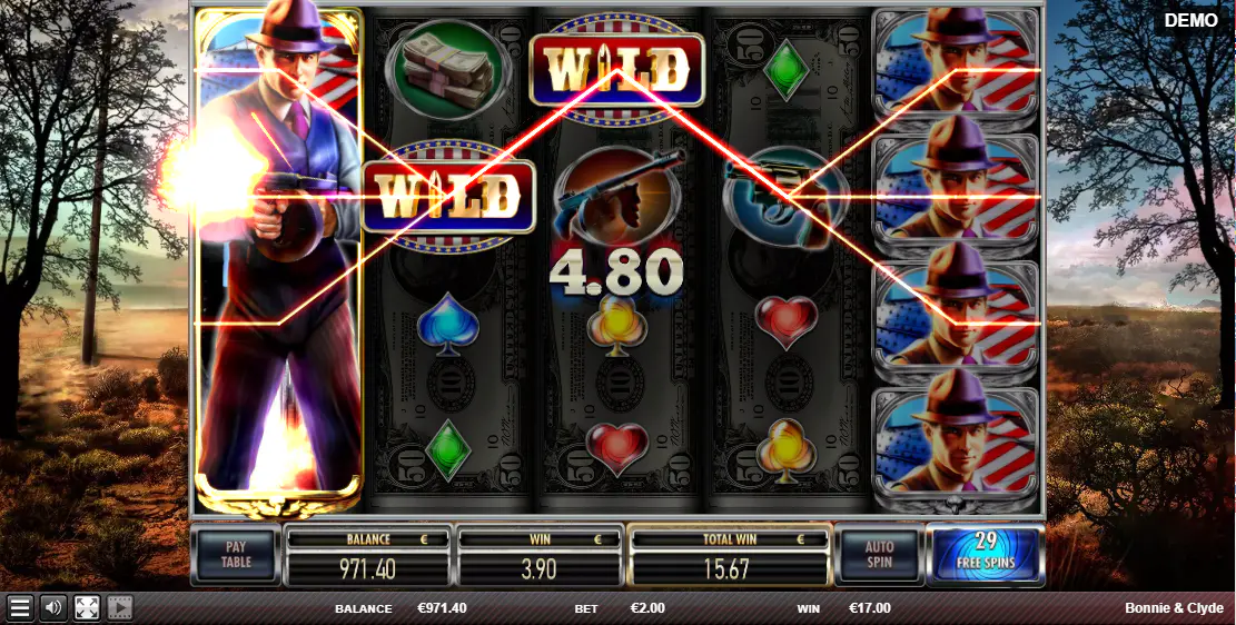 The Bonnie & Clyde free spins bonus in action, with an expanded Clyde symbol on reel 1 creating a big win, highlighting the feature's potential.