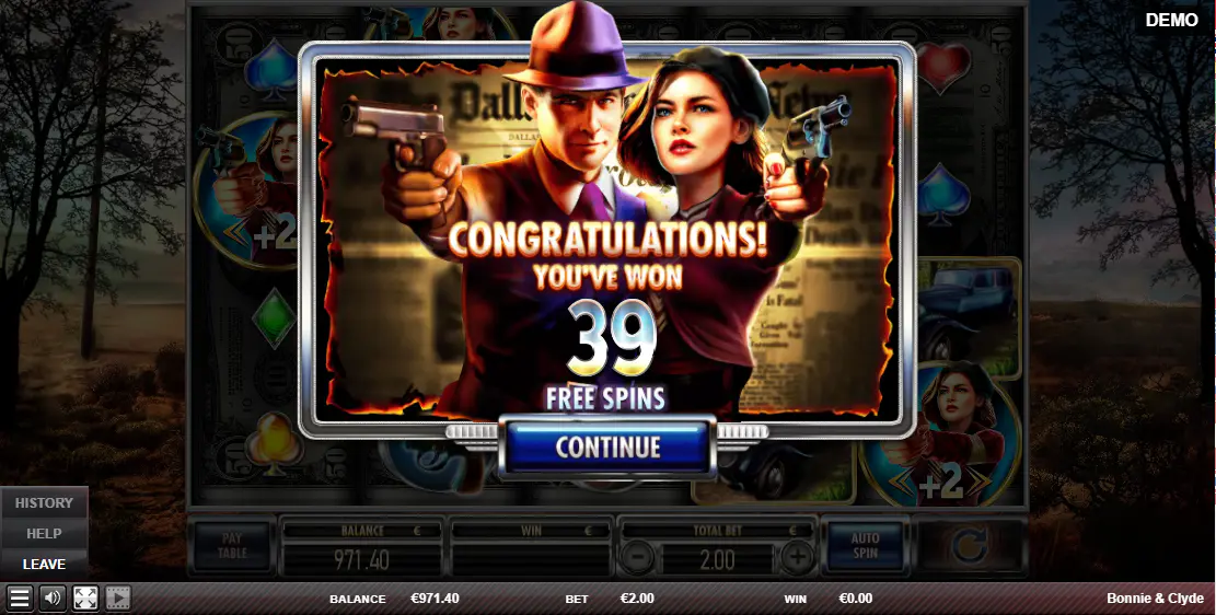 The free spins activation screen in Bonnie & Clyde after landing scatter symbols, showing the total number of spins won, which is the main goal for players.