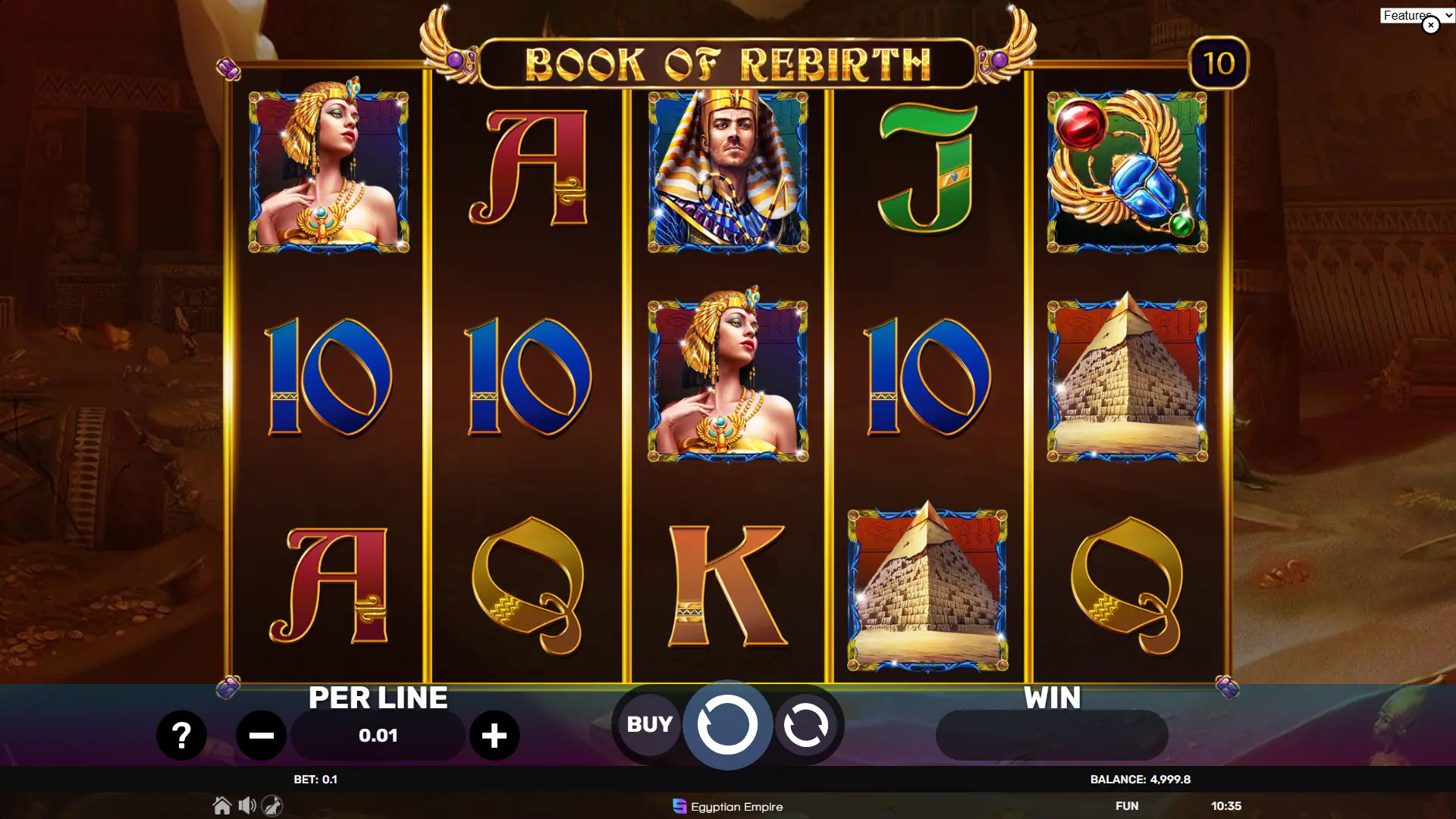 Book of Rebirth base game grid displaying the 5x3 layout and 10 fixed paylines