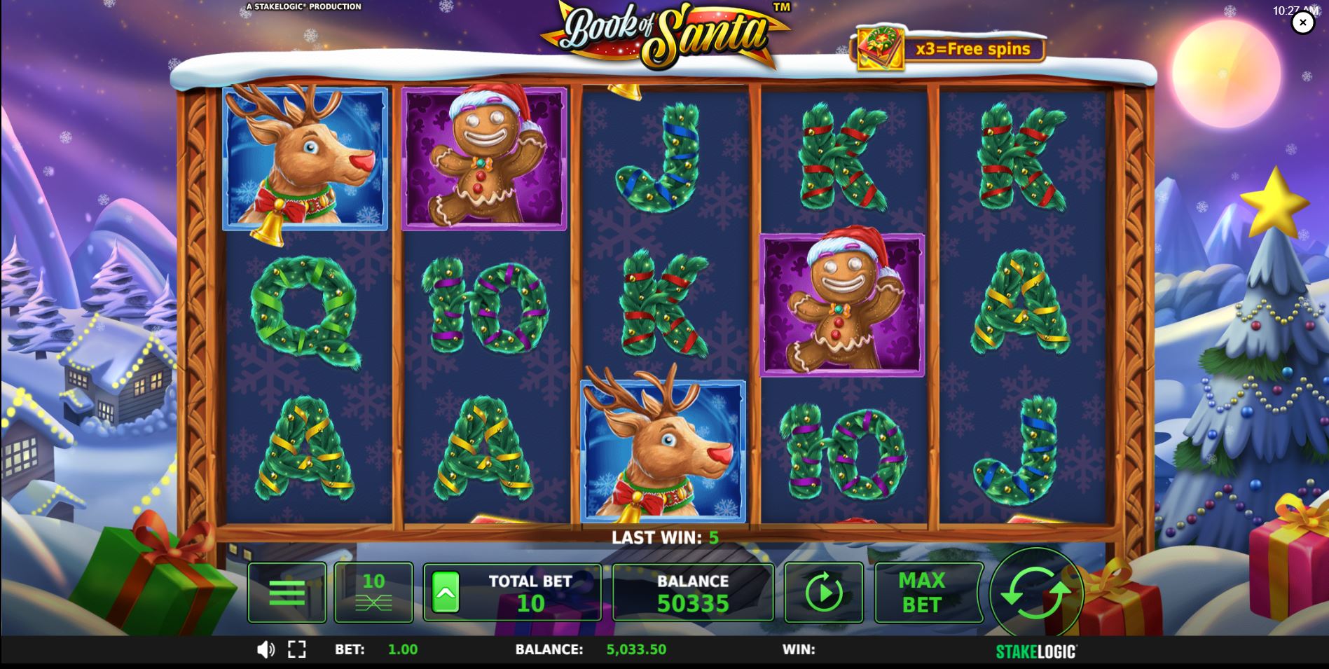 The main game screen of the Book of Santa slot, showcasing the festive symbols on the 5x3 reel layout set in a winter wonderland.