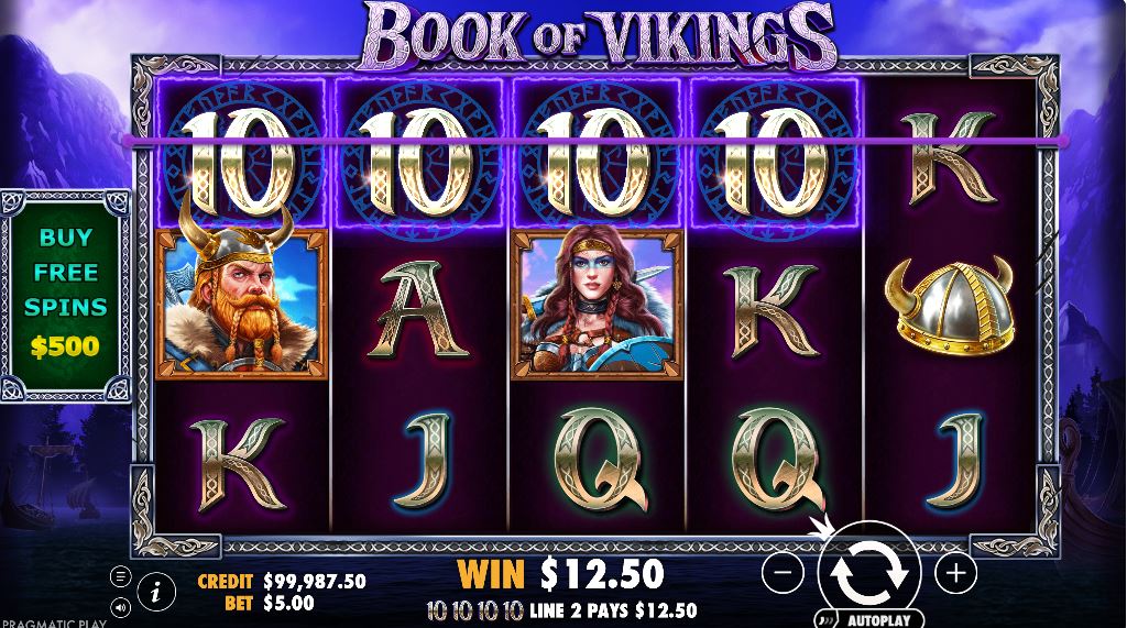 Book of Vikings slot base game screen with Norse symbols and a 5x3 layout.
