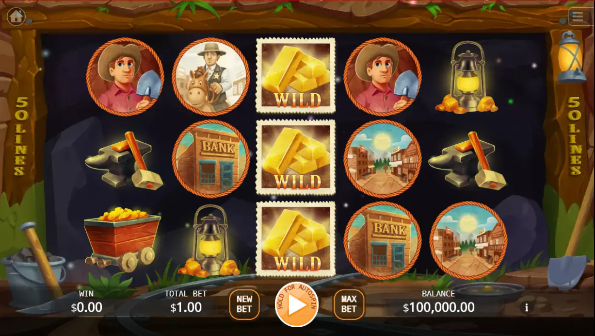 The main 5x3 game grid of California Gold Rush slot, showing cartoon-style mining symbols and Gold Bar Wilds on the reels, illustrating the core gameplay screen for players.
