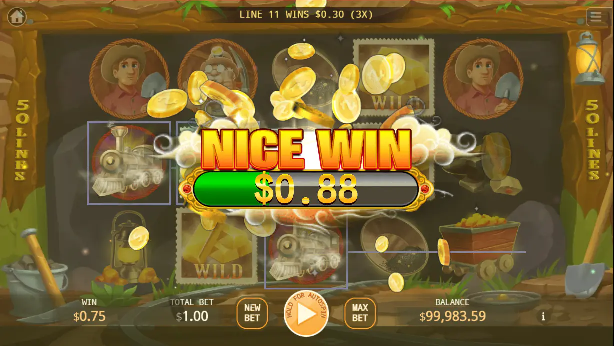 A winning combination in the California Gold Rush base game featuring a Gold Bar Wild, with the 3x multiplier increasing the final payout.