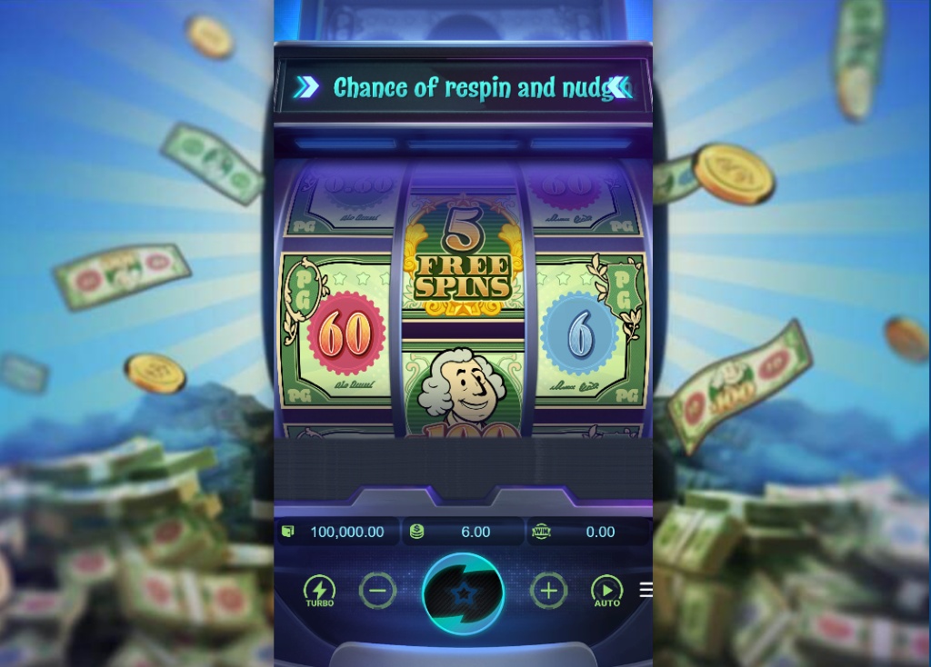 Main game interface of Cash Mania slot by PG Soft featuring 3 reels and bank note symbols.