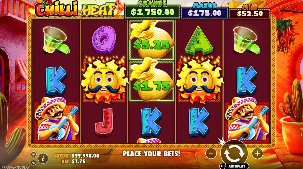 Chilli Heat slot machine base game screen with Mexican fiesta theme.