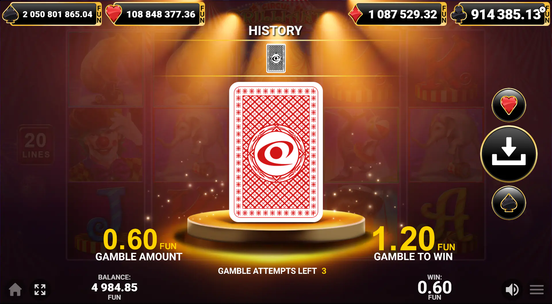 The classic Red and Black Gamble feature interface after a winning spin in Circus Brilliant.