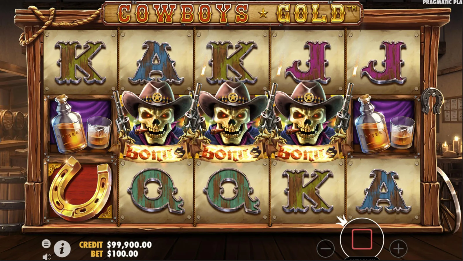 Three skeleton cowboy scatter symbols landing on the middle reels to trigger the 10 free spins feature