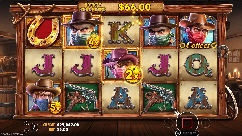The Renegade symbol on reel 5 collecting multiple cowboy coin values during the base game of Cowboys Gold slot