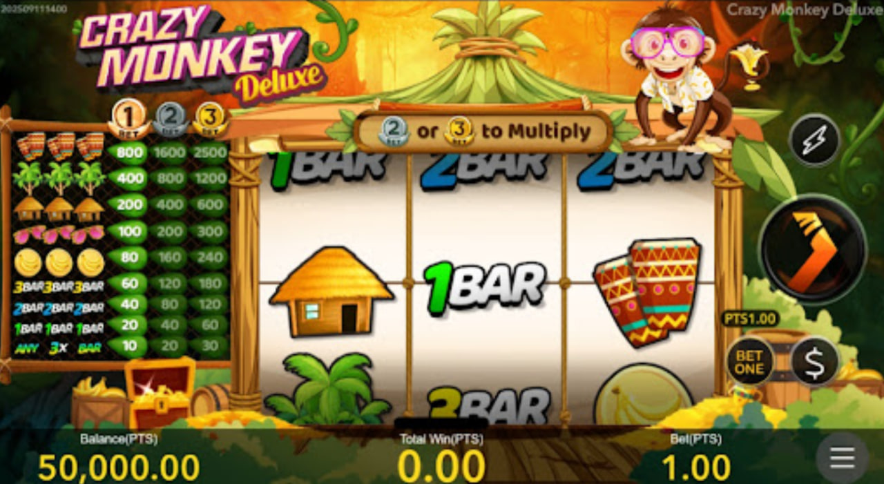 Crazy Monkey Deluxe slot base game interface showing 3 reels and Bet 1 2 3 options.