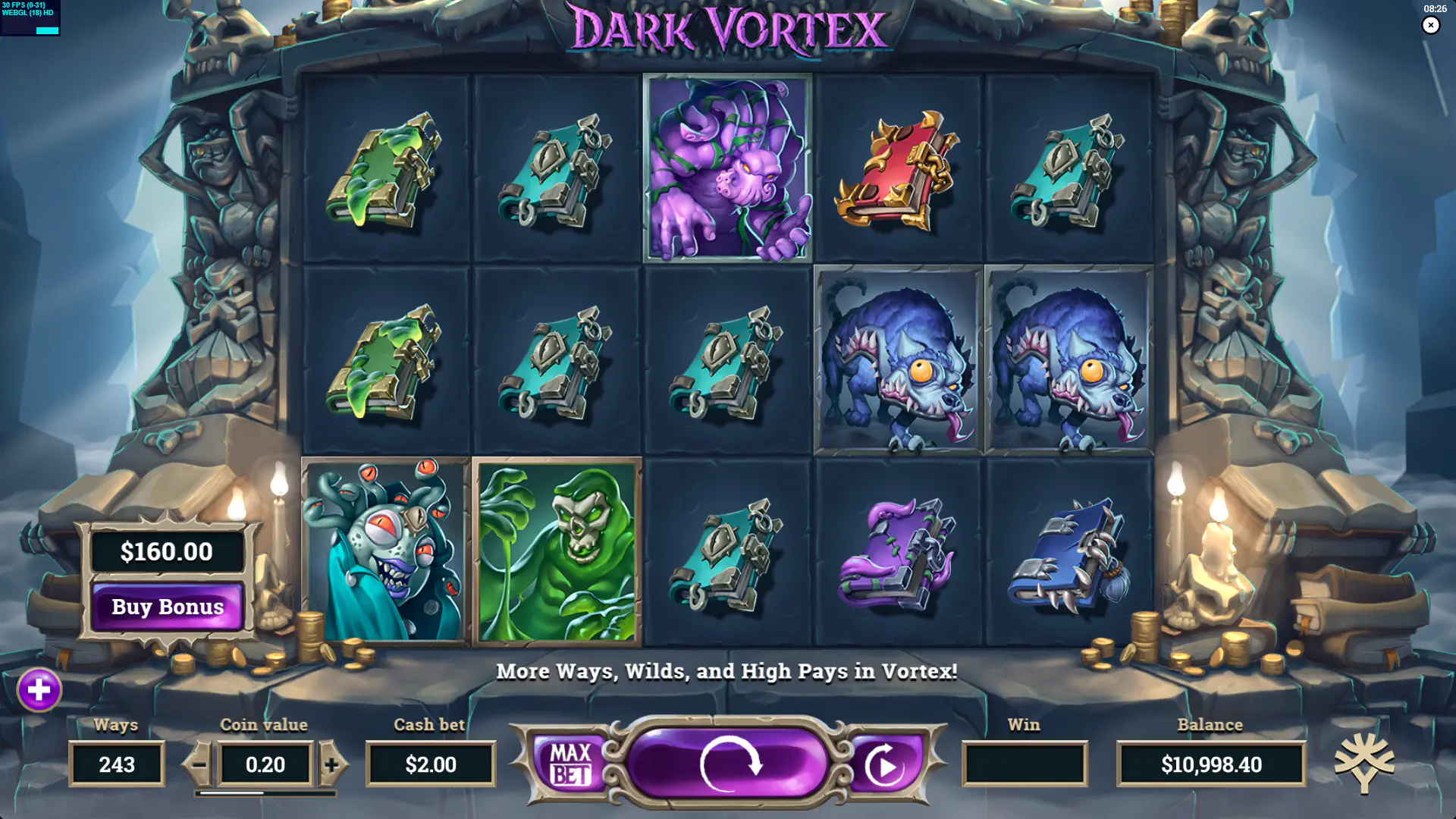 Dark Vortex base game screen with 5 reels before any Vortex expansion, showing the default layout players start with.