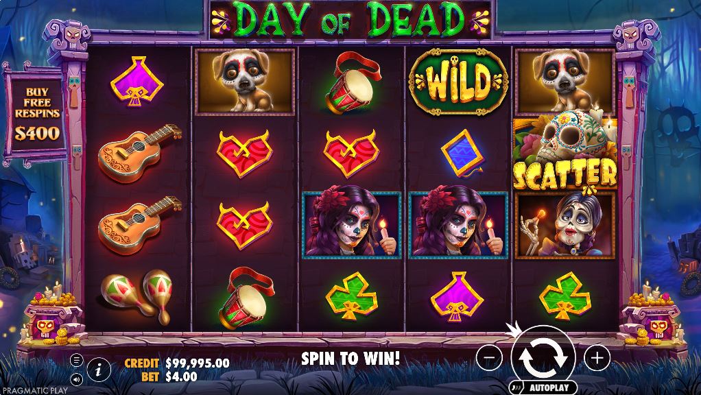 The main 5x4 game grid of the Day of Dead slot, showing character and instrument symbols.