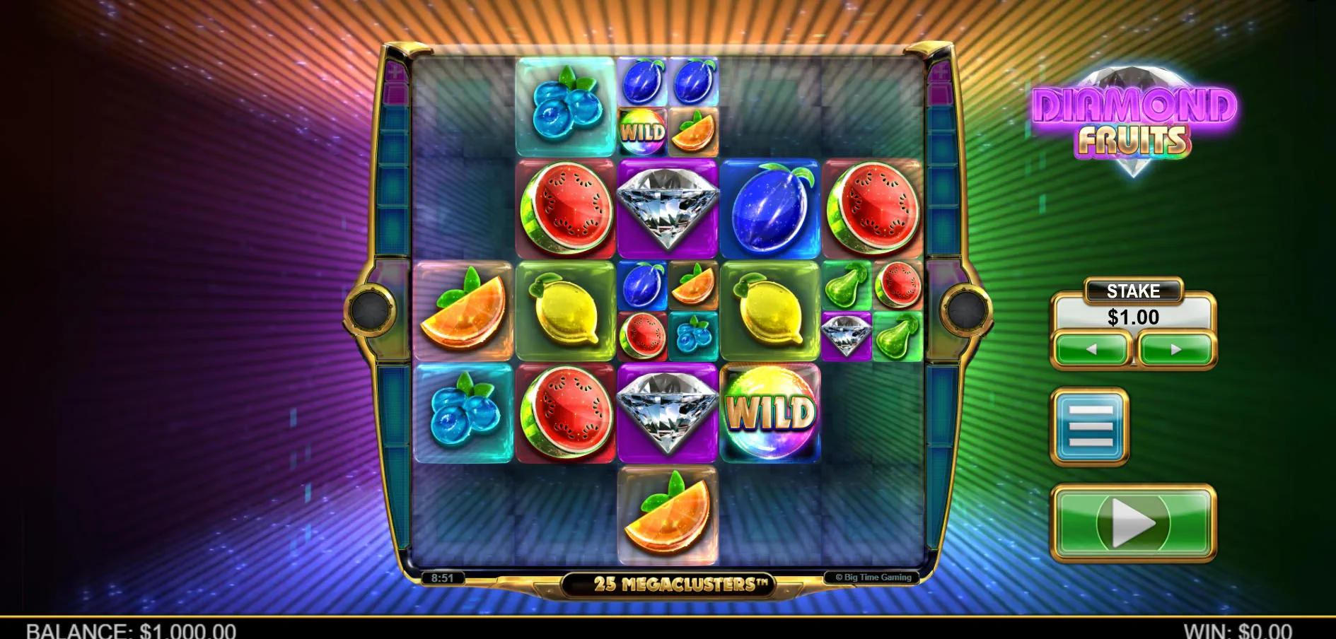 The initial 5x5 game grid of the Diamond Fruits slot, displaying a mix of large and small fruit symbols before a spin, showcasing the Megaclusters mechanic.