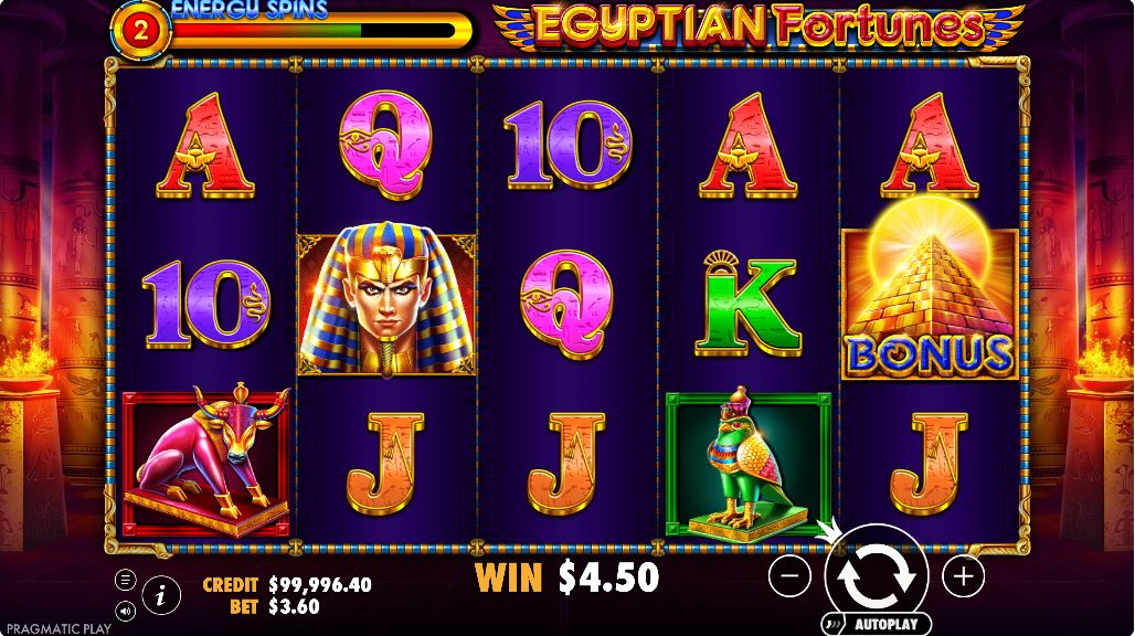 Egyptian Fortunes slot base game screen with pharaoh and deity symbols on the reels.