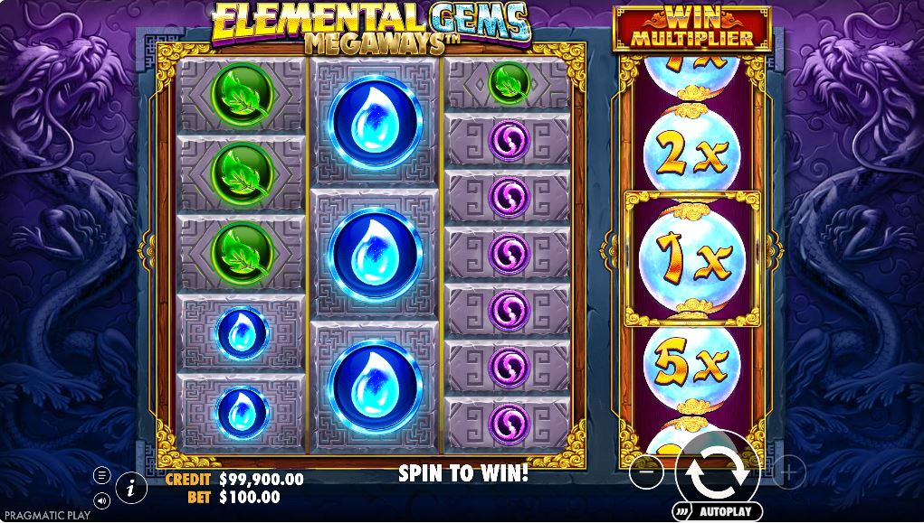 Elemental Gems Megaways slot machine base game view with 4 reels and Asian-themed symbols.