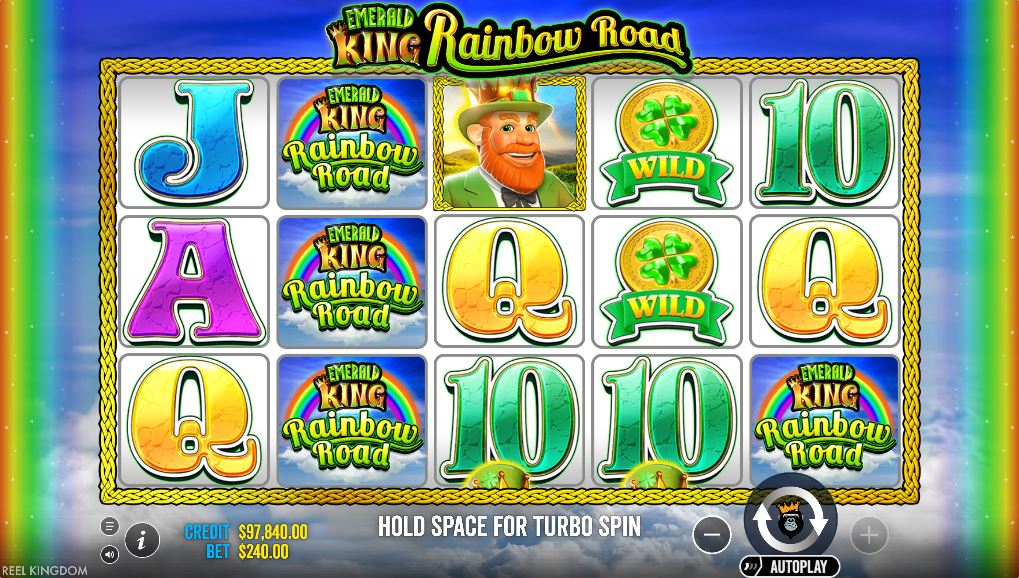 The main 5x3 reel layout of the Emerald King Rainbow Road slot.