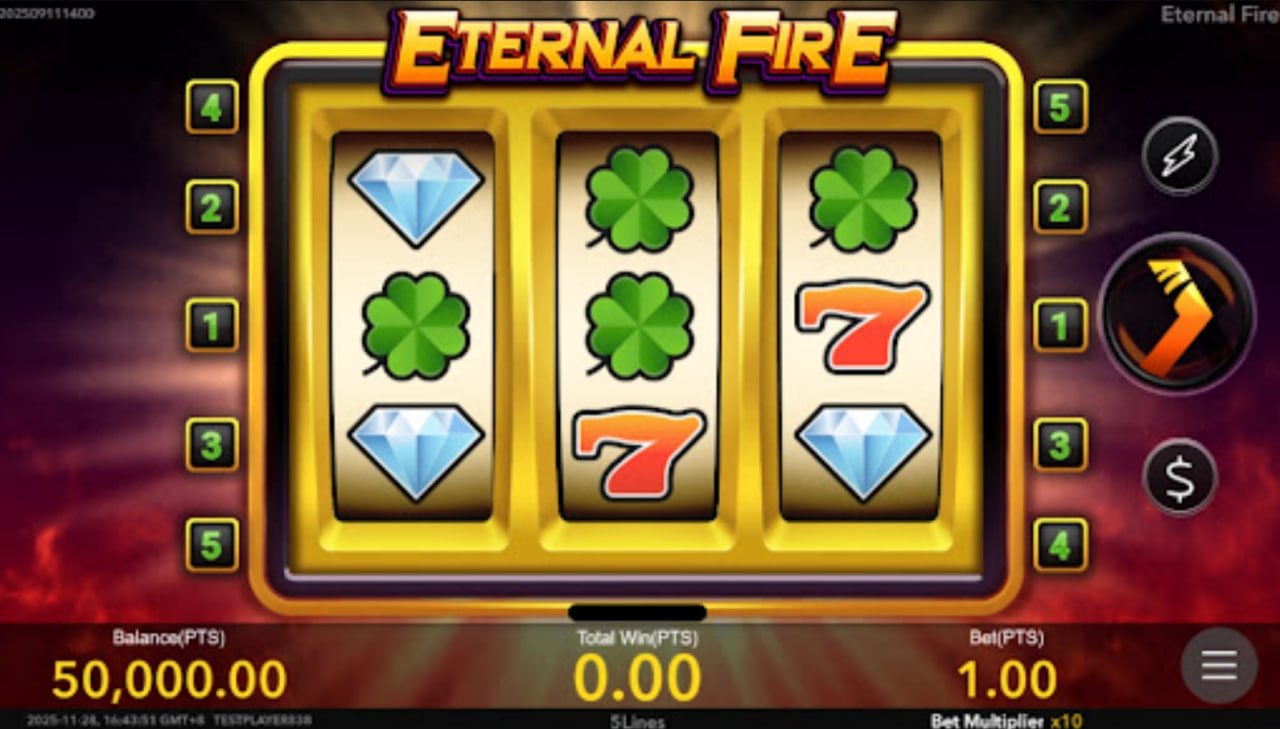 Eternal Fire slot base game 3x3 reel grid with diamond and fruit symbols.