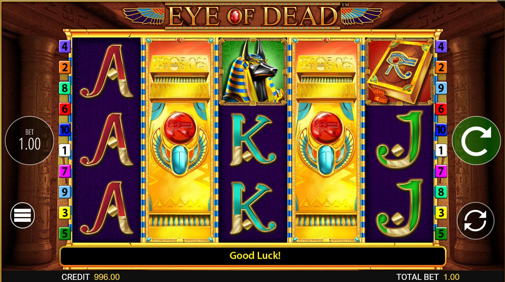 Golden expanding wild symbol covering the entire center reel substituting for all regular symbols on the 10 paylines