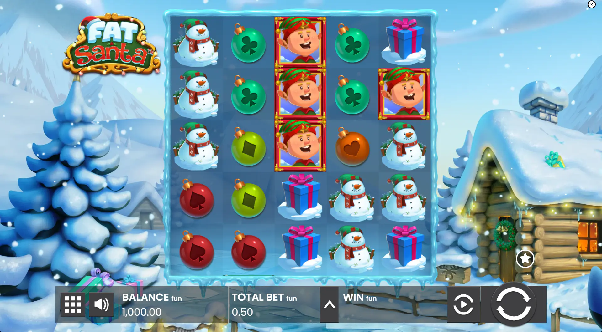 Fat Santa base game on a 5x5 reel grid, showing the standard layout players read before features start.