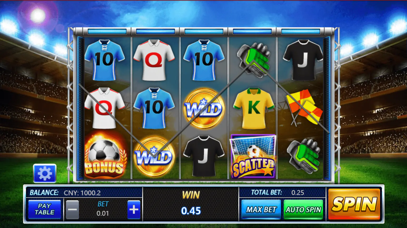 Football Frenzy base game screen with 5x3 reels and football theme, showing the slot layout players judge before testing features