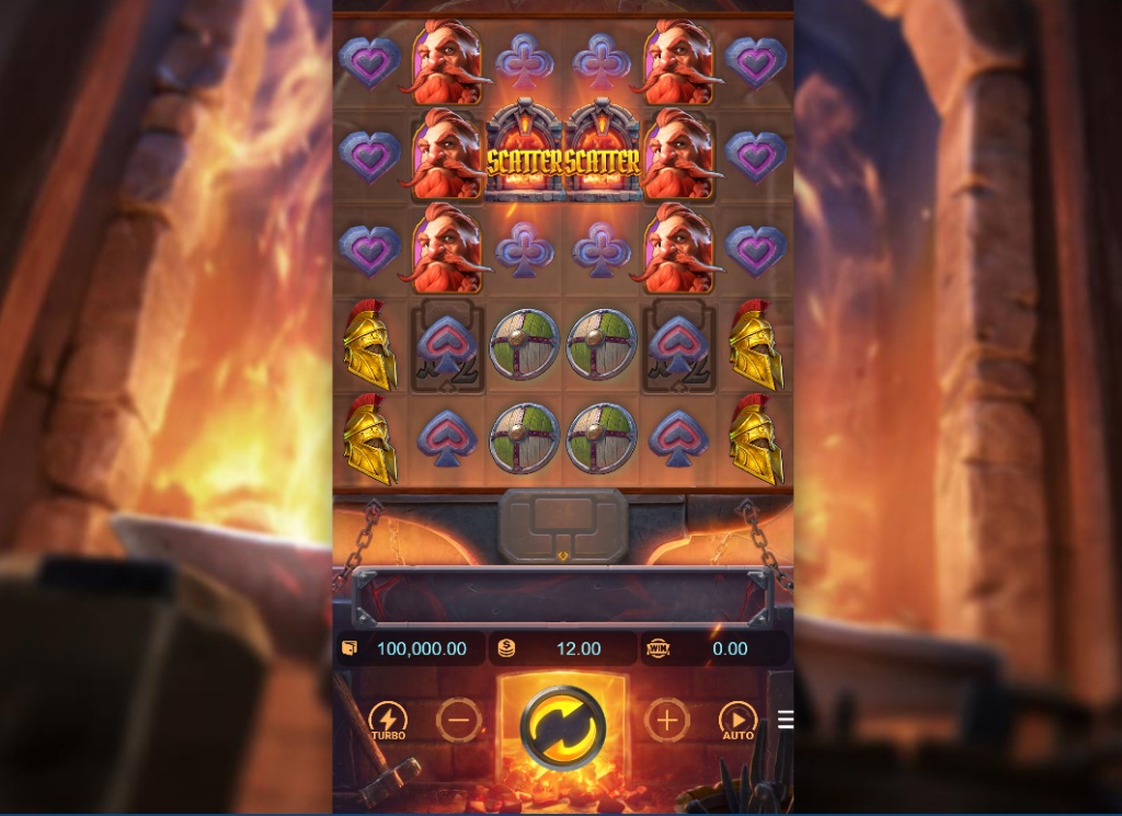Forge of Wealth slot base game interface by PG Soft featuring 5x6 grid and dwarven anvil background.