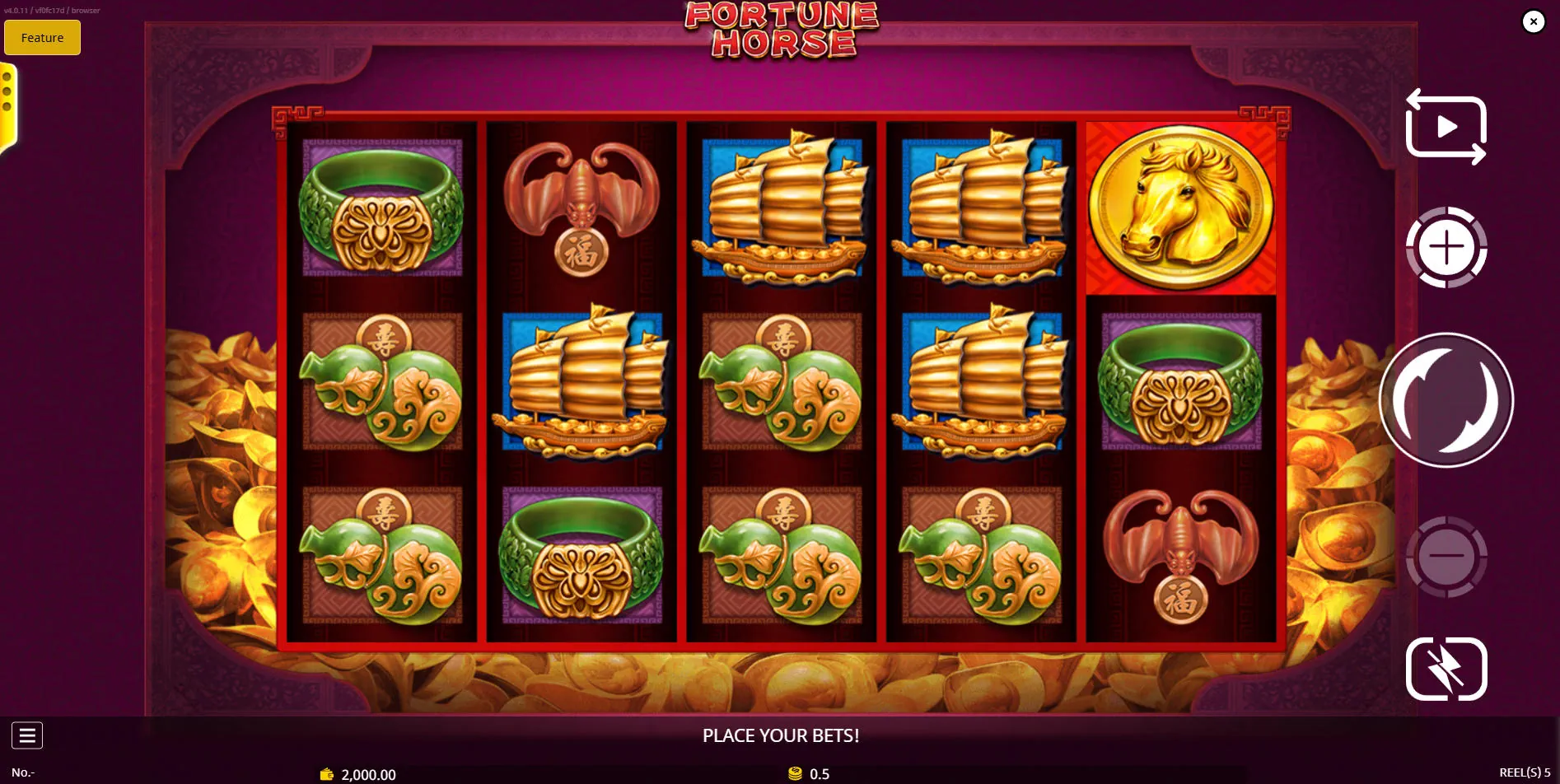 The 5x3 base game grid of Fortune Horse showing premium symbols like golden ships and jade rings