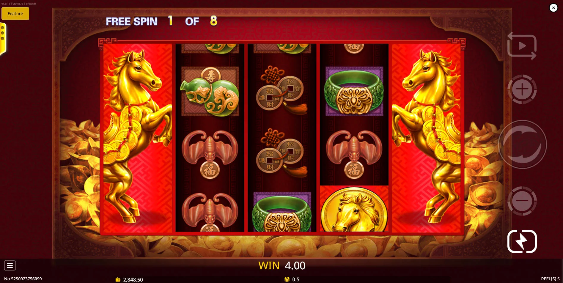 Stacked Golden Horse Wilds covering reels 1 and 5 during the free spins bonus round