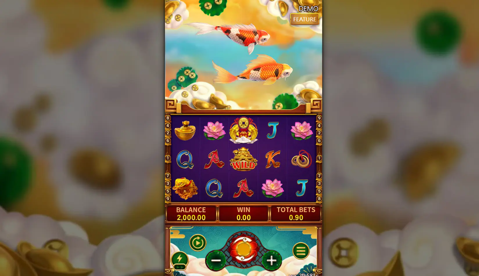 Fortune Koi base game screen with 5x3 reels and controls, showing the compact layout players judge first