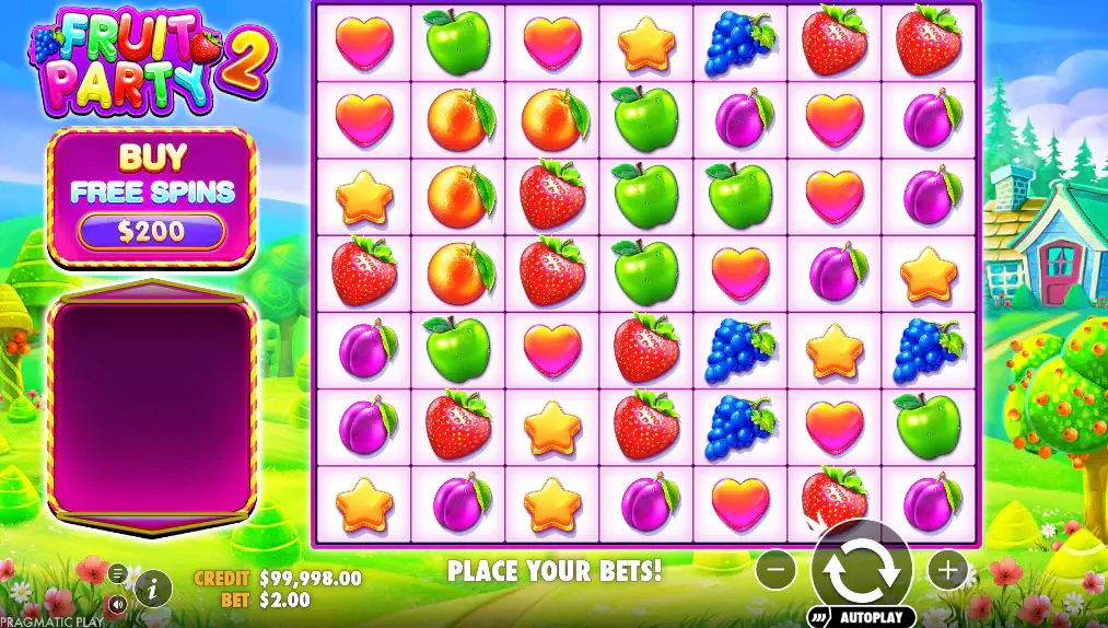 The 7x7 game grid of the Fruit Party 2 slot during base gameplay, showing the variety of fruit symbols and the cheerful background landscape.