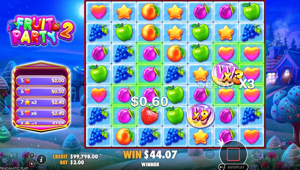 The Fruit Party 2 Free Spins round in progress with multiple high-value wild multipliers on screen, illustrating the massive win potential.