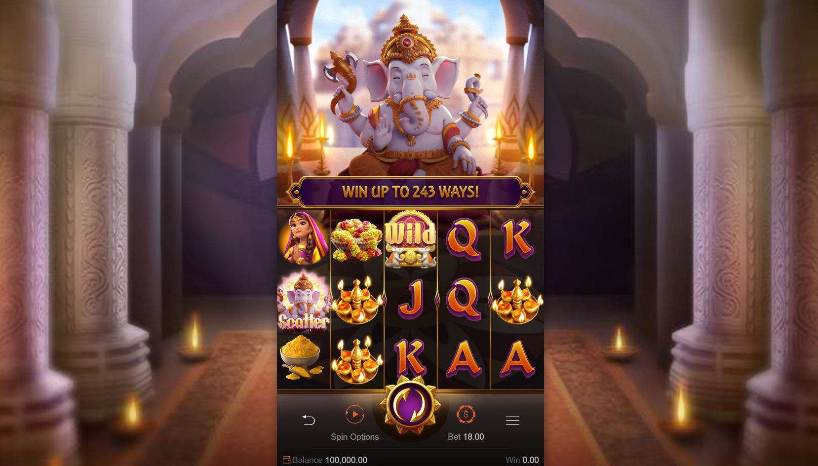The 5x3 reel layout of the Ganesha Gold slot by PG Soft during base gameplay, showing the Hindu deity Ganesha and thematic symbols.