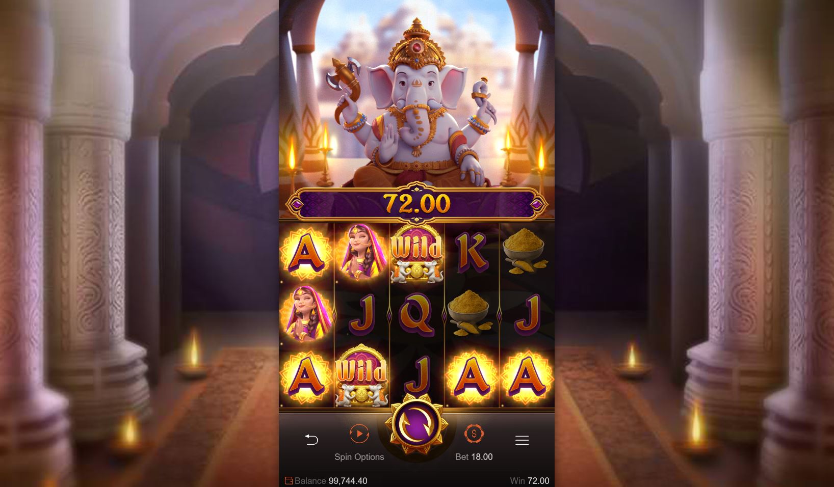 A high-value winning combination in the Ganesha Gold slot, illustrating how the 243 ways-to-win system pays out for adjacent symbols.