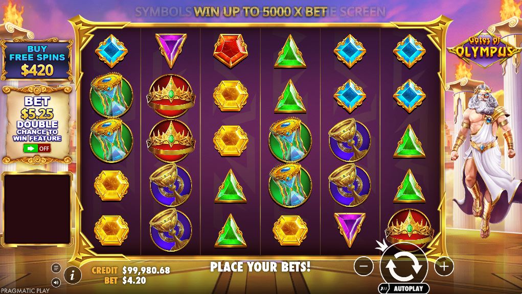 Gates of Olympus slot base game screen with Zeus watching over the 6x5 grid.