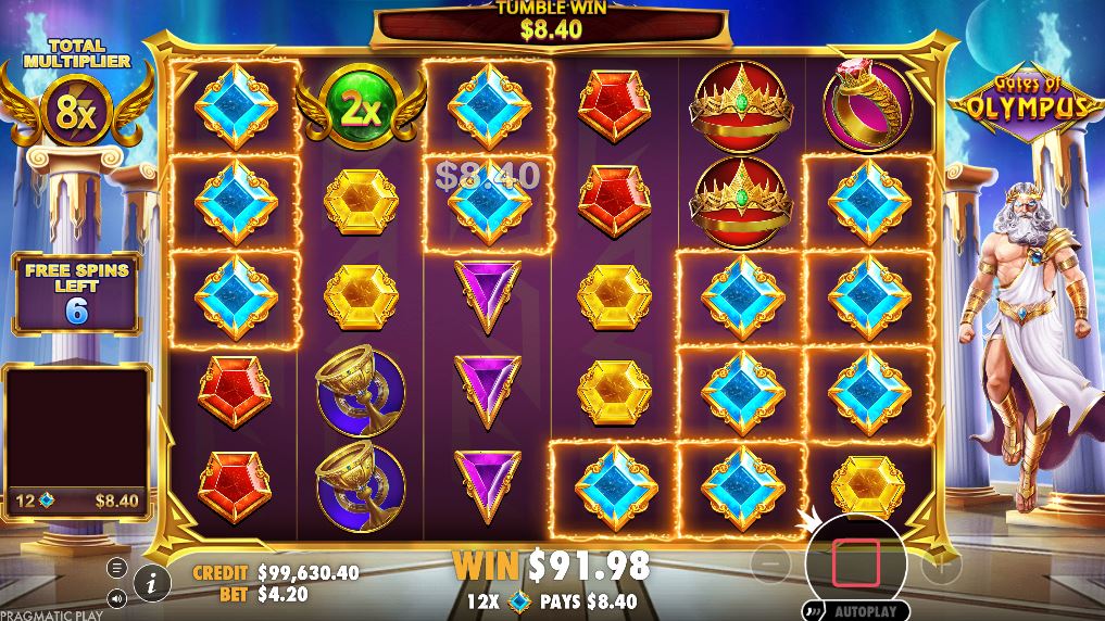 The Gates of Olympus bonus round showing a high total multiplier applied to a win.
