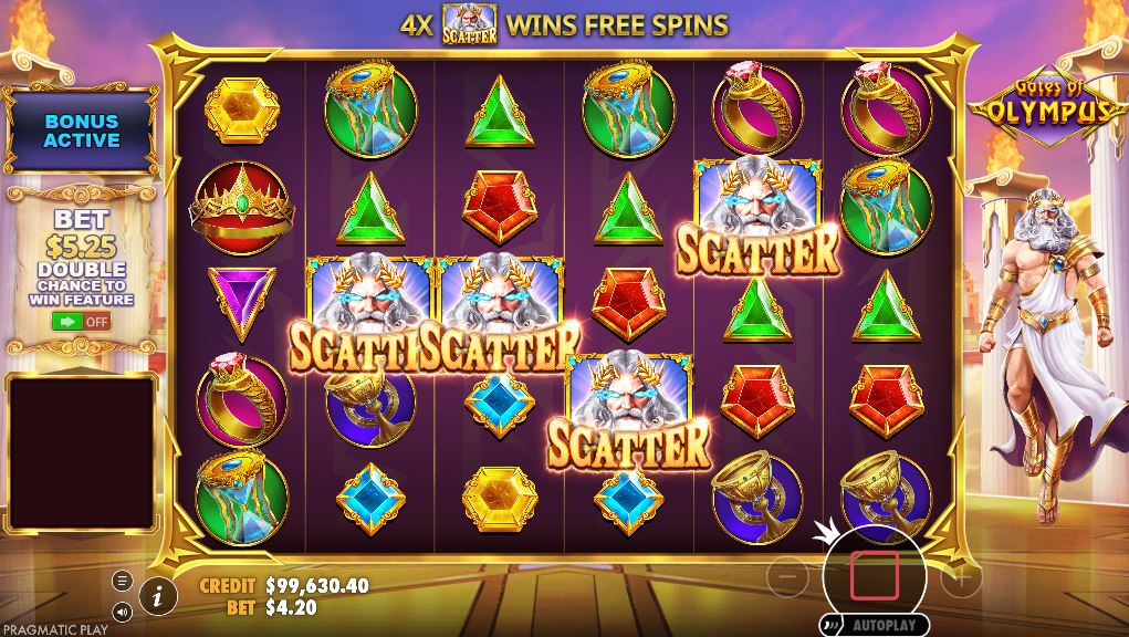Four Zeus scatter symbols triggering the Free Spins bonus round in Gates of Olympus.