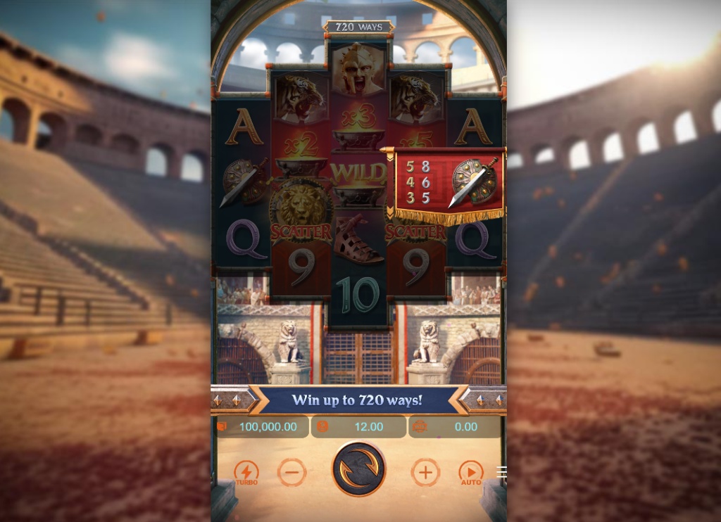 Gladiator's Glory slot base game interface showing the 3-4-5-4-3 reel layout and Colosseum background.