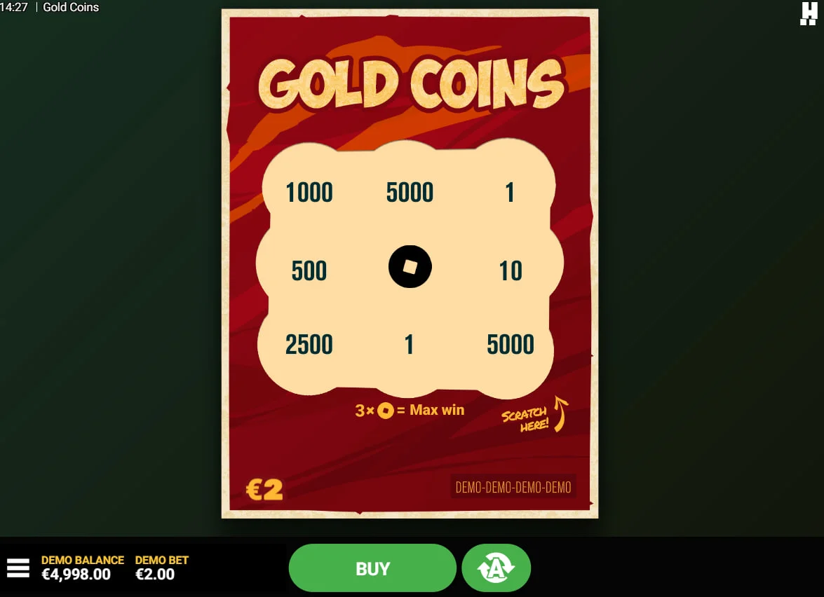 A winning Gold Coins card displaying three identical prize symbols matched to trigger a payout.
