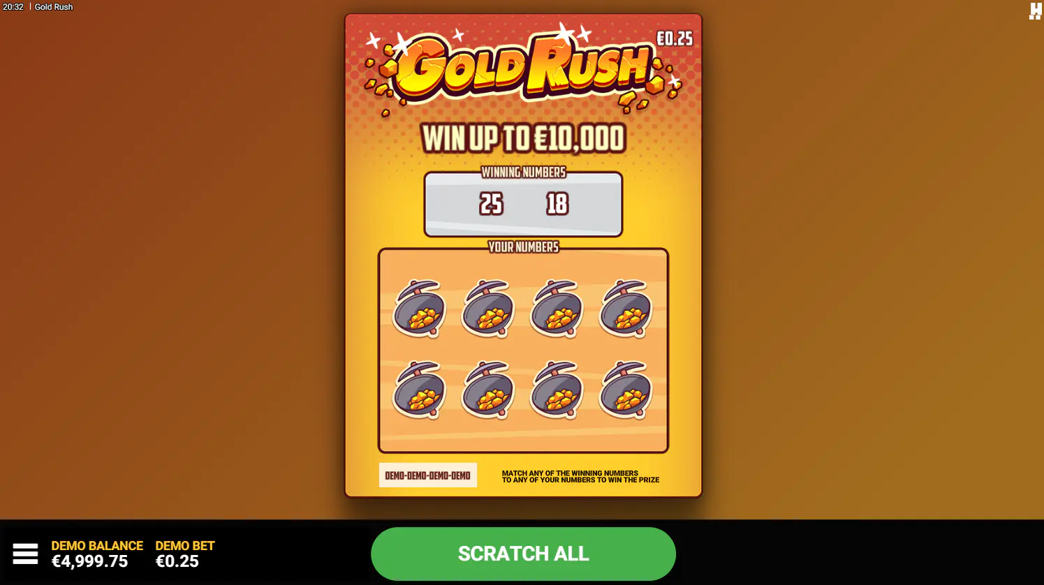 Gold Rush main scratch card before reveal, showing the two-number areas that define how wins are checked