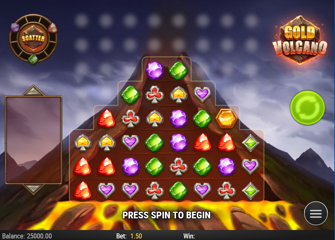 Gold Volcano base game grid layout showing the unique volcano shape and colorful gem symbols bubbling up from the bottom of the screen.
