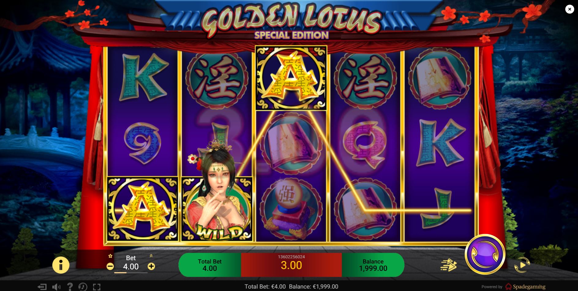 The 5x3 reel layout of the Golden Lotus SE slot, displaying its Asian-themed symbols and user interface.