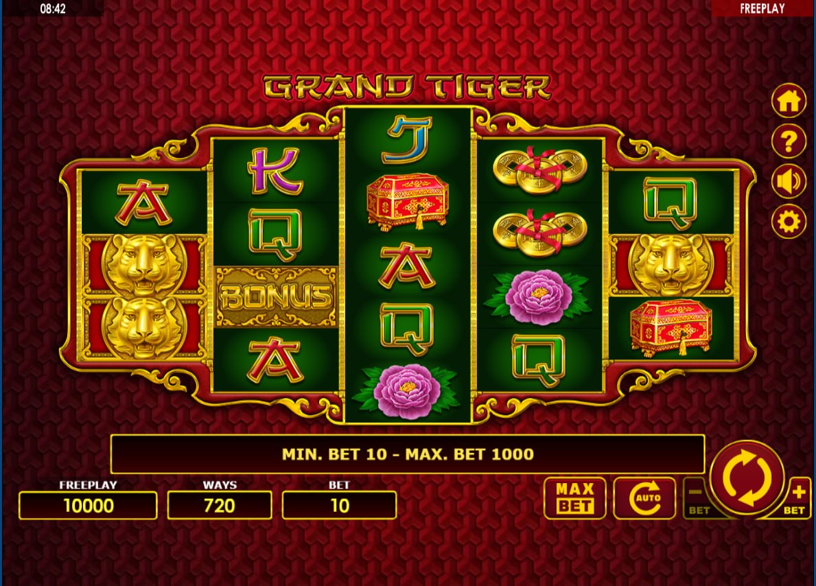 The main 3-4-5-4-3 diamond grid layout of Grand Tiger slot showing standard symbols and the bottom betting interface.