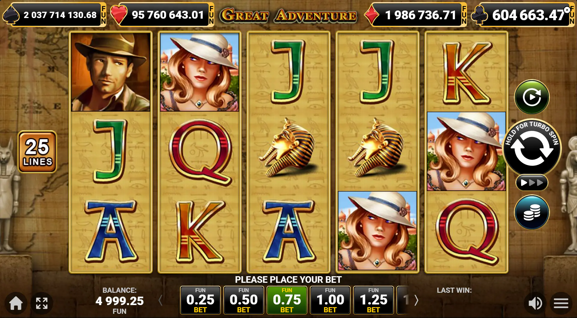 Great Adventure base game screen on a 5x3 reel set with Egyptian UI, showing the main layout players need to read before spinning