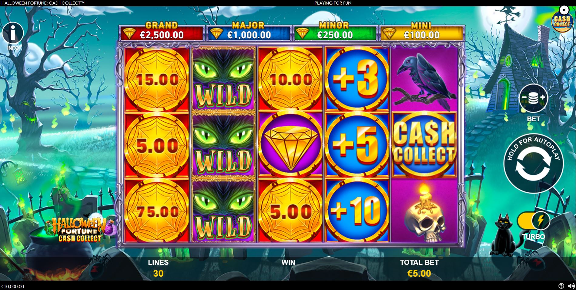 The main 5x3 game screen of Halloween Fortune: Cash Collect slot, showing the witch symbols and graveyard background.