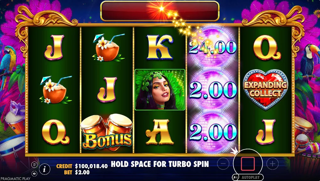 The Expanding Collect symbol landing on the fifth reel of Heart of Rio, showing Money Symbols expanding to fill entire columns for a larger payout.