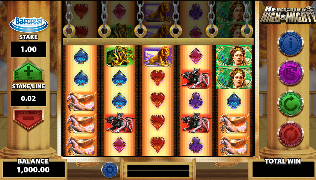 Base game screen of Hercules High and Mighty slot with iron chains covering the upper reels, showing the standard 5x5 grid layout.