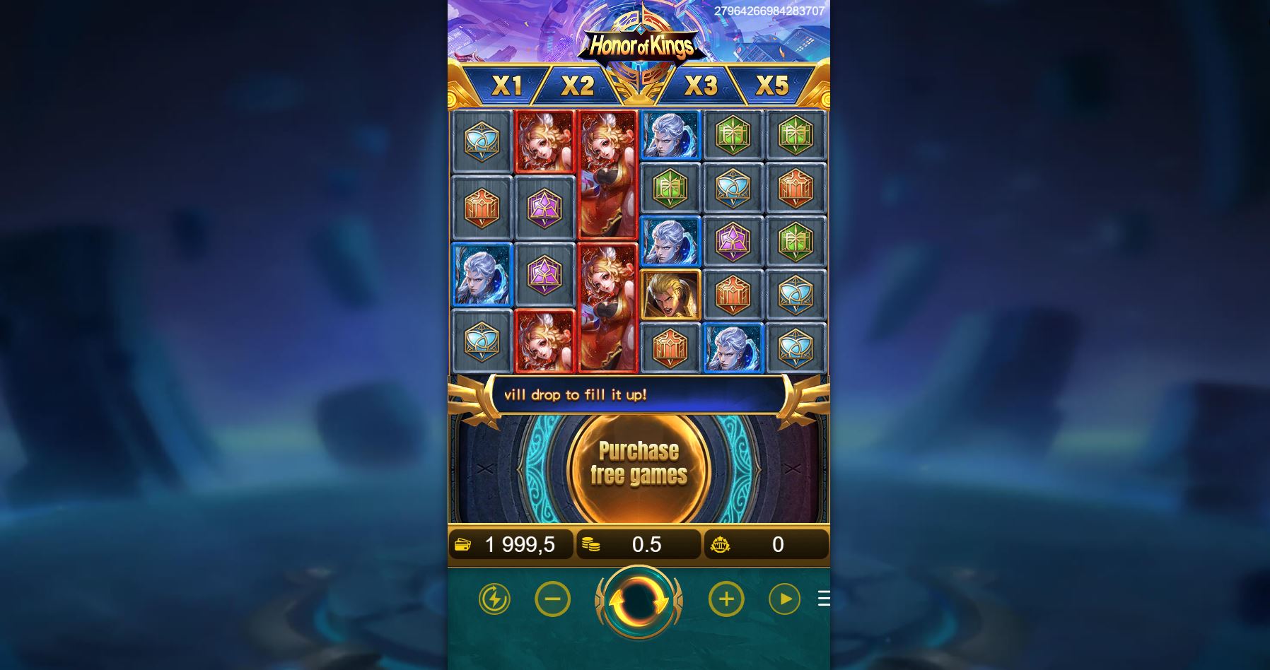 The base game grid of the Honor of Kings slot, showcasing the 6x5 layout and the starting x1 multiplier.