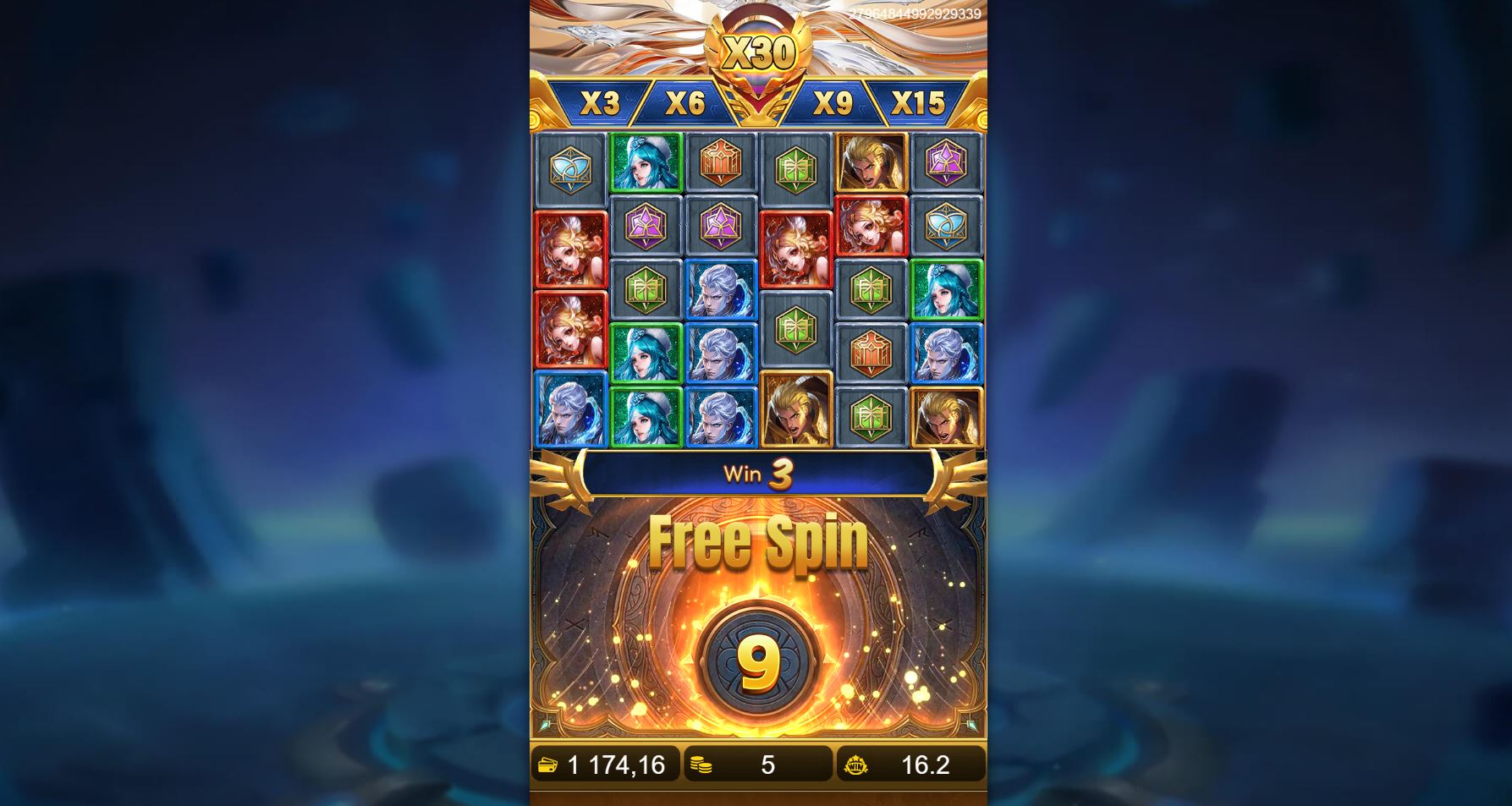 The Honor of Kings free spins mode is active, displaying the enhanced progressive multiplier ladder above the reels, starting at x3.