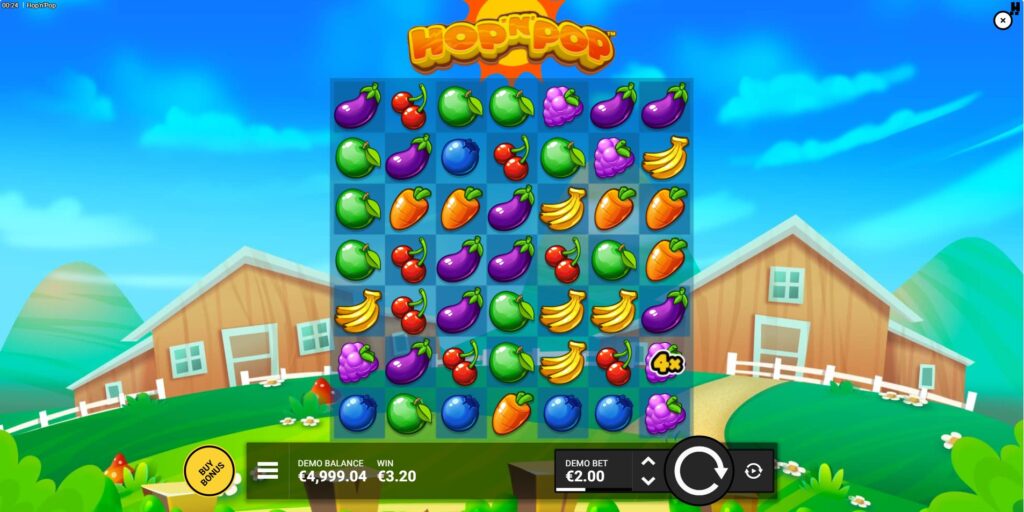 Hop 'N' Pop slot base game grid view showing 7x7 layout with fruit symbols and initial x2 multiplier on a farm background.