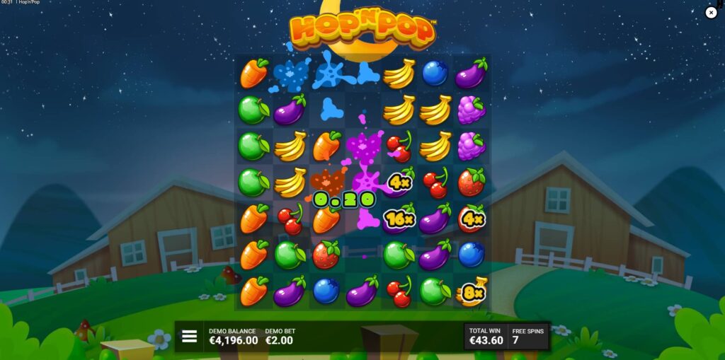 Hop 'N' Pop free spins round active, showing persistent multipliers and wild symbols on the night-time farm grid.