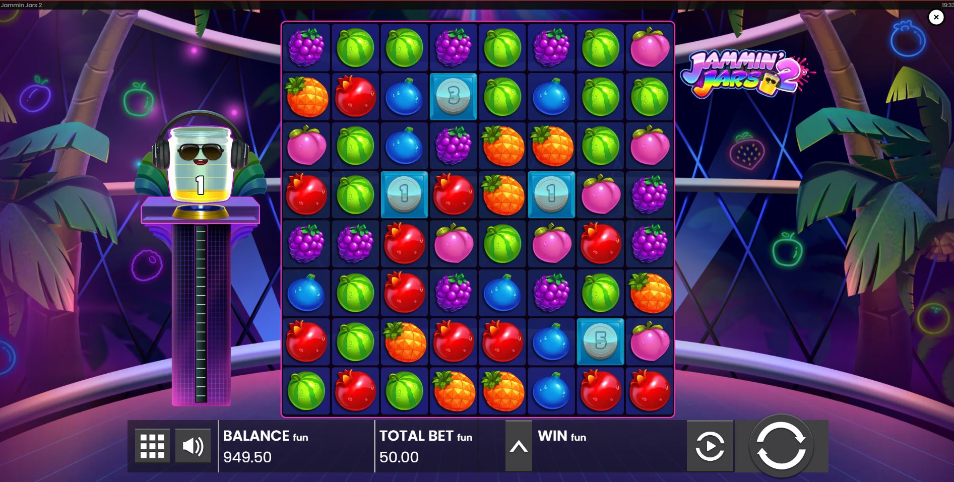 Jammin' Jars 2 slot base game grid with the Giga Jar DJ.